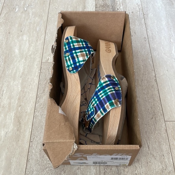 NWT GANNI x Dr. Scholl's Plaid Wooden Clog Sandals Buckle Retro Slides Blue 9 - Picture 12 of 13